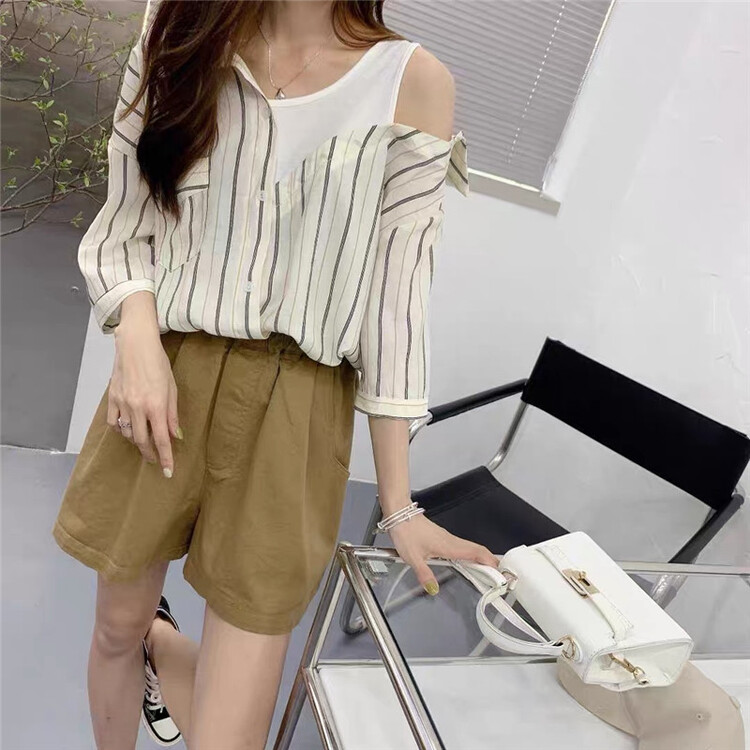 [Lina] fake two off shoulder striped short sleeved blouse 8902# zxx