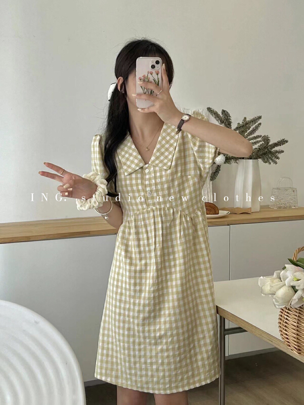 goods in stock! New in early summer! [ing] sweet temperament doll neckline waist lace up Plaid Dress 6351# ZSY