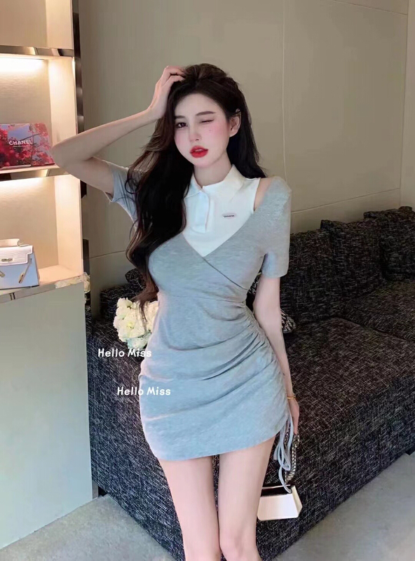 [fan fan] Korean polo collar color matching Vest + Pleated Dress Set 5839# JJ