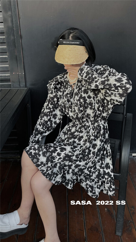 [Sasa] French retro bubble sleeve printed chiffon dress 695# ll