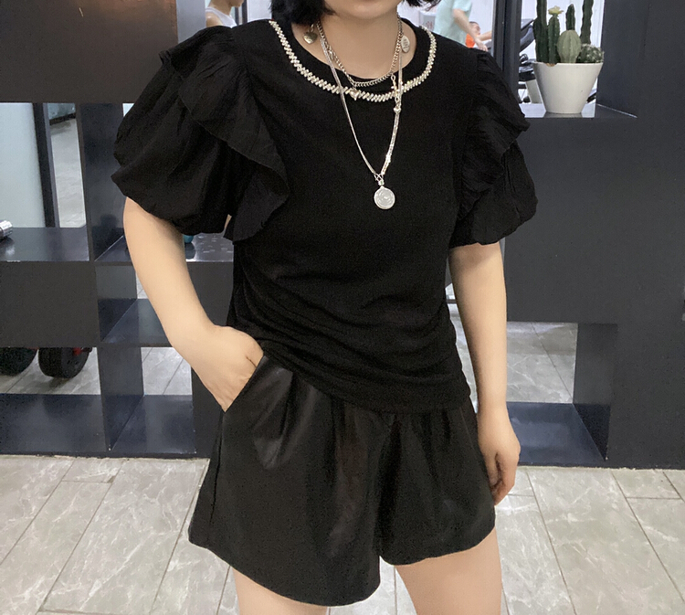 In early summer! [Qijia +] fashion Ruffle edge versatile Nail Drill short sleeve T-shirt 7357\zyh