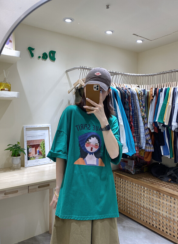 New in early summer! [da. 7] cute curly girl print short sleeve T-shirt 2356-1# LSL
