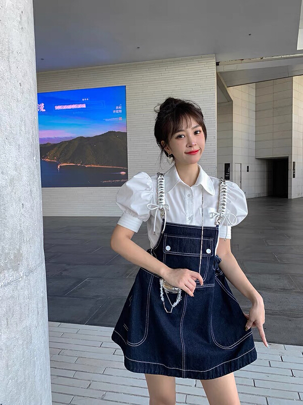 [kakamee] custom metal chain A-line French denim strap skirt 3215# LSL