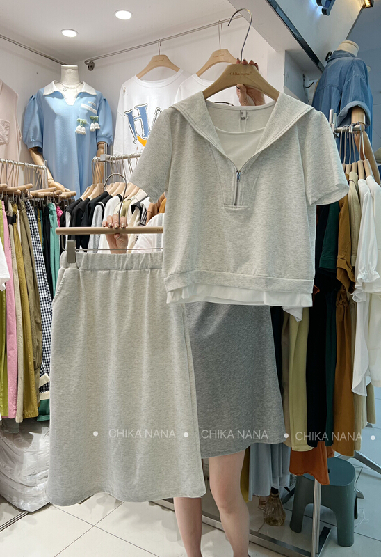 [Chika. Nana] fashion leave two short sleeved T-shirts + medium and long skirt two-piece suit 3292# cqw