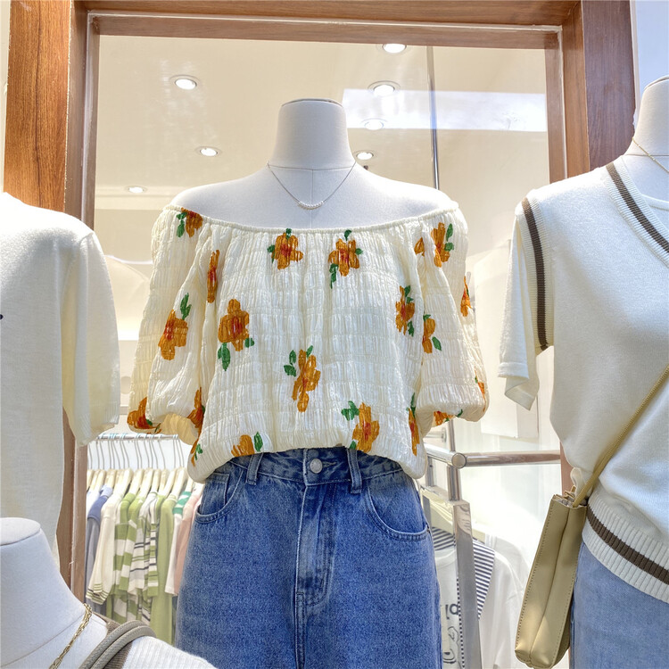 New in early summer! [chengzhuo] Korean lady printed one shoulder short blouse 81127# hjy