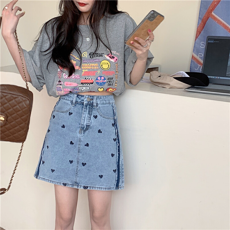goods in stock! New year in early spring! [timely rain] Han Feng ins sweet girl temperament love embroidery high waist thin a-word cow skirt (only selling skirt) f2127# WPL