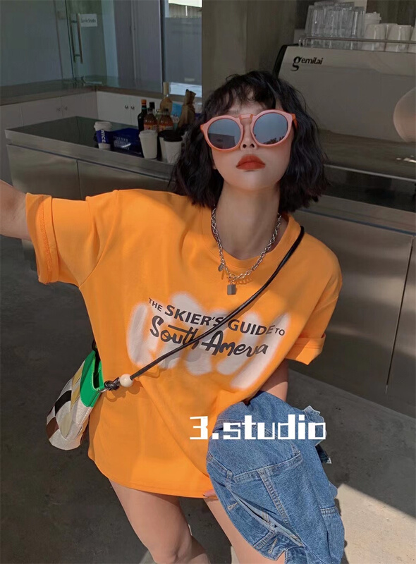 New in early summer! [3. Studio] Korean round neck fluorescent letter short sleeve T-shirt 22312# XYY