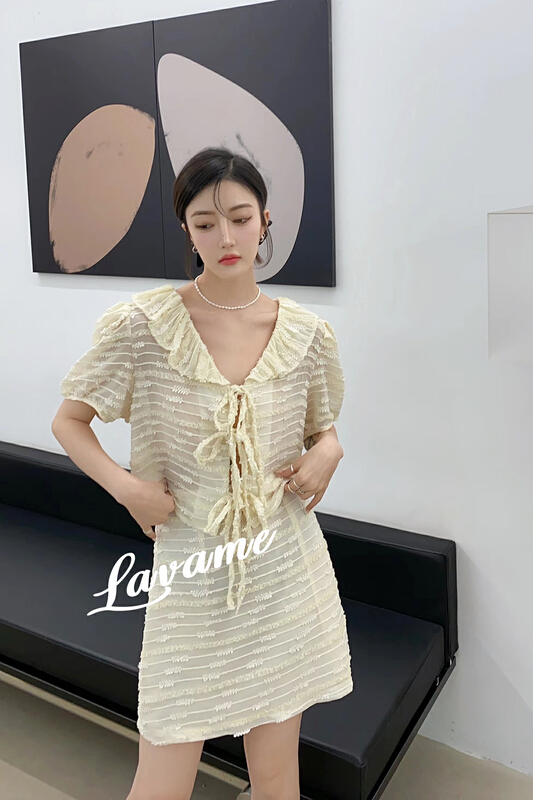 New in early summer! [lavame] ruffled lace up blouse + high waist slim skirt suit 7766# zxx