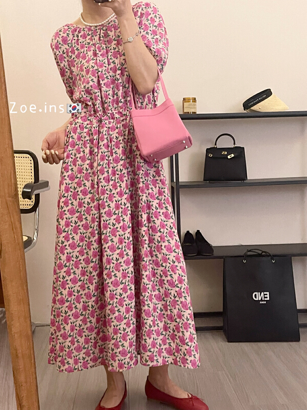 [Zoe Zoe] Korean round neck floral back elastic bandage dress c68109# L