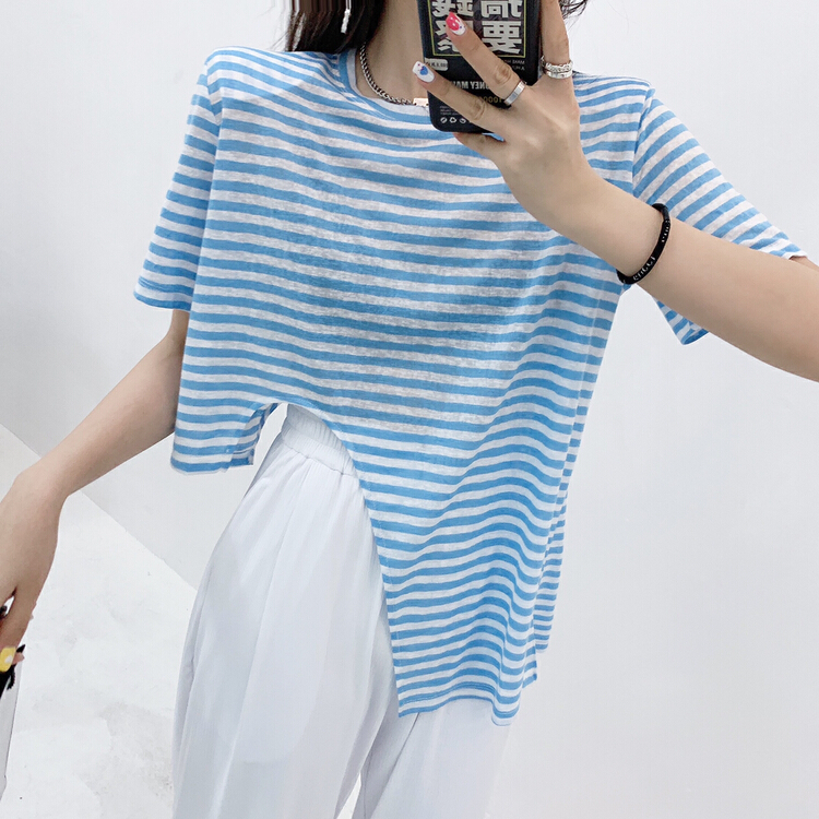 [Xi Xi] Korean irregular stripe short sleeve T-shirt 09561# ozq