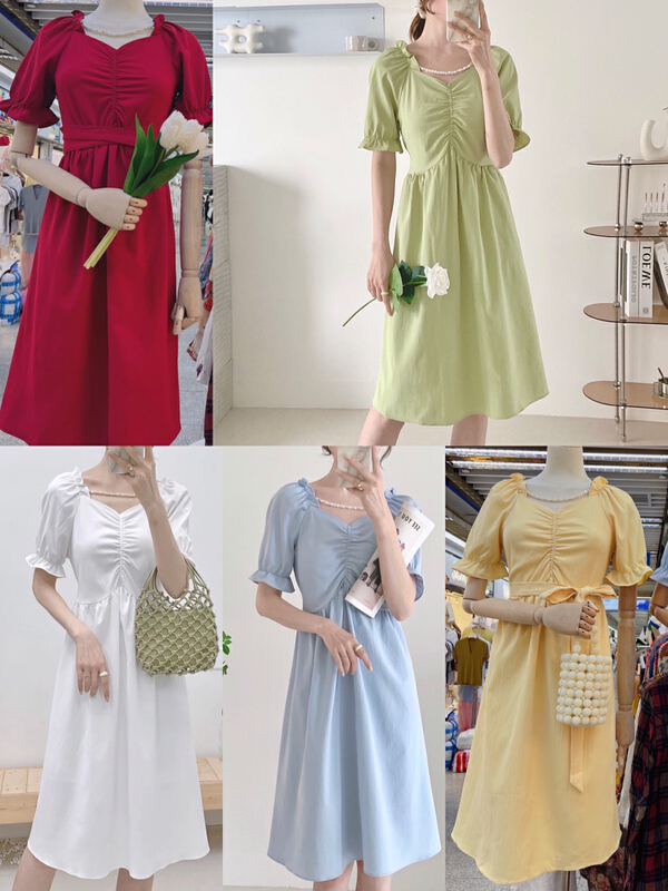 Spot! New in early summer! "M.YQUEEN" temperament solid color fashion short sleeve dress (with belt, neckline pearl) 8838# CL