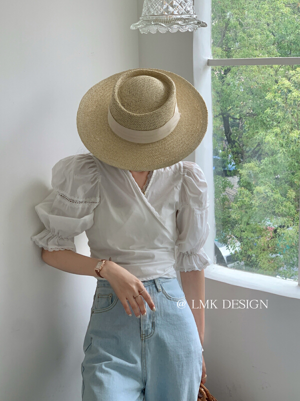 New year in early spring! [LMK] V-neck stitched lace up blouse 2202-1# hjy