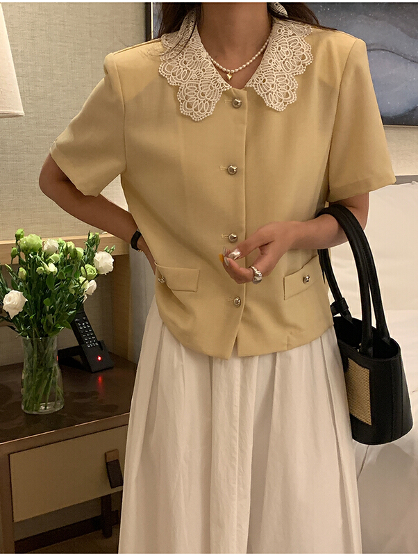 [the mind] chic Korean lace splicing lapel jacket 60291# XYJ