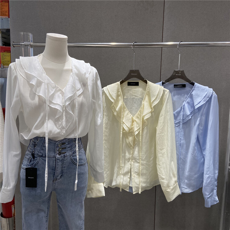[retain] Ruffle lace up temperament shirt 217480# jhy