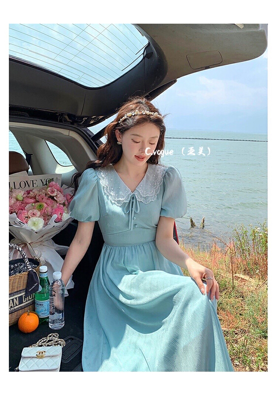New in early summer! [c.vogue] French temperament doll neck bubble sleeve lace stitched dress 88230# PCZ