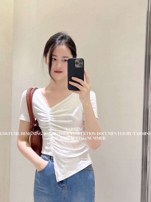 [tabmini] V-neck irregular design pleated short sleeve T-shirt x19303# WPL