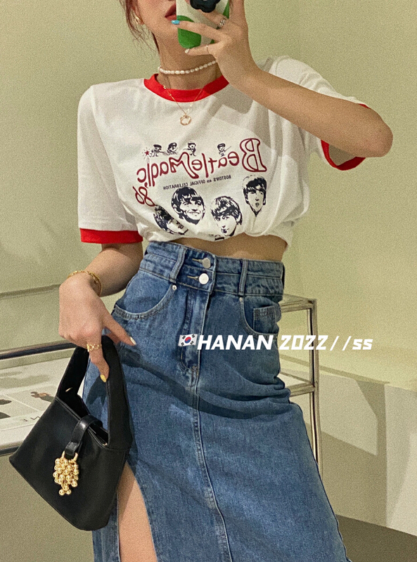 goods in stock! [Hanan] Korean casual small elastic print contrast short sleeve T-shirt (no accessories) 6905# LSL