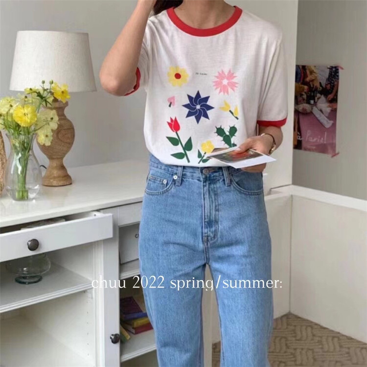 [chuu] Korean casual color contrast collar printed short sleeved T-shirt 61167# HBx