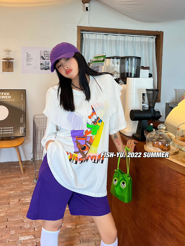 [fish Yu] Donald Duck print crimp lace doll neck short sleeve T-shirt 22133# LSL