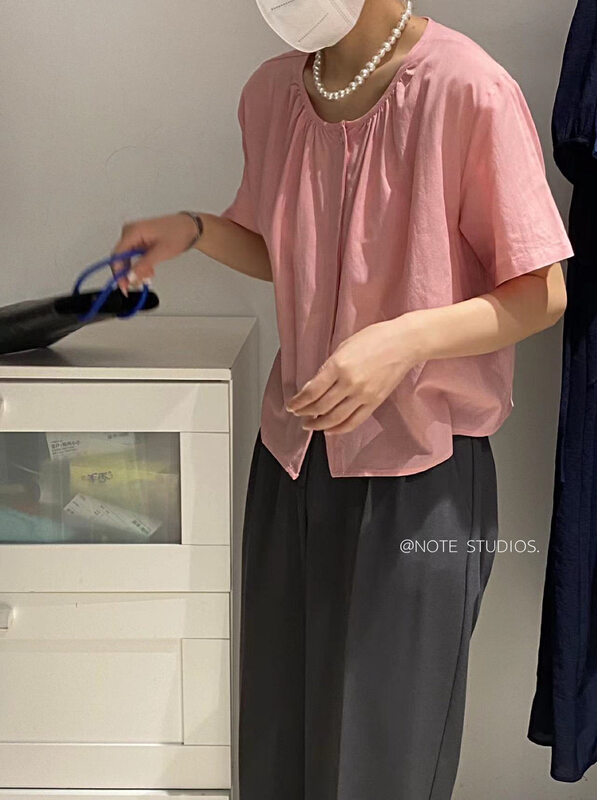 [note] Korean version ins temperament simple solid color shell buckle Tencel blouse 22396# HBx