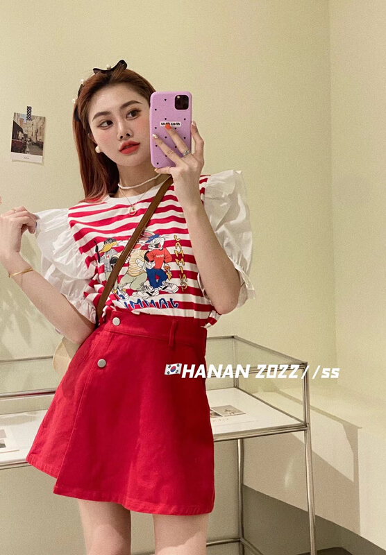 [Hanan] Korean stripe cartoon mosaic bubble sleeve short sleeve T-shirt 6207# LSL