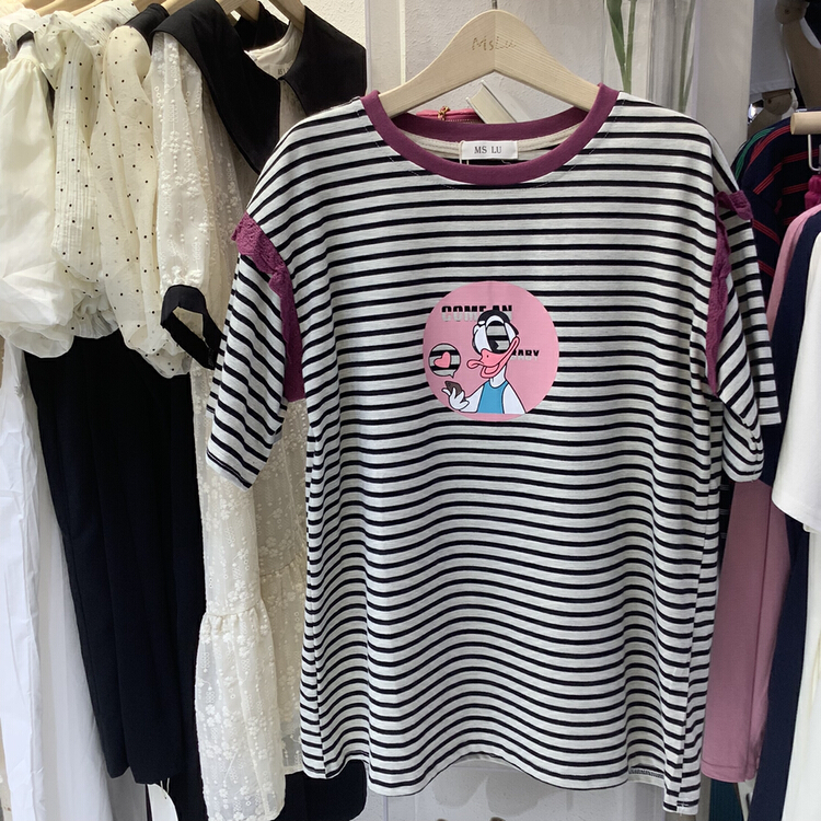 [Xiaoxiaojia] stripe stitching lace cartoon short sleeve T-shirt 80526# WTT