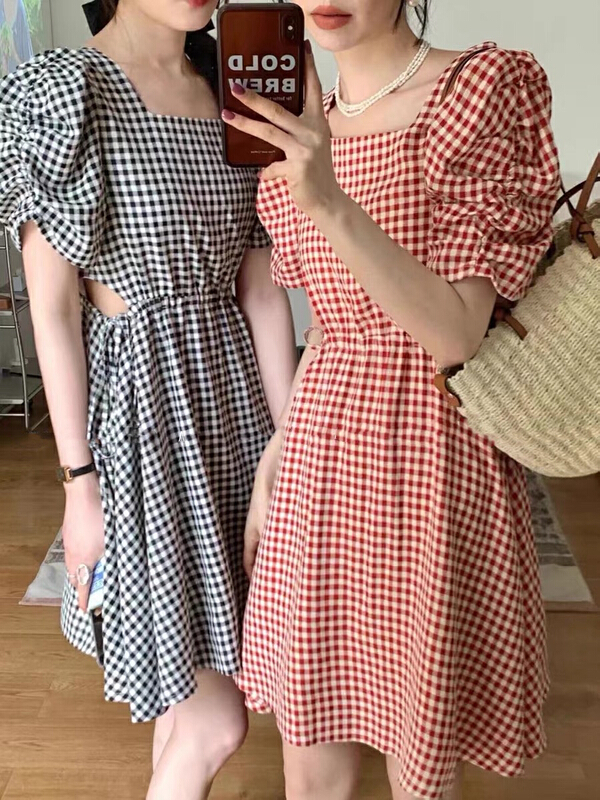 [JH] Plaid waistless Lantern Sleeve Dress 41644# PCZ