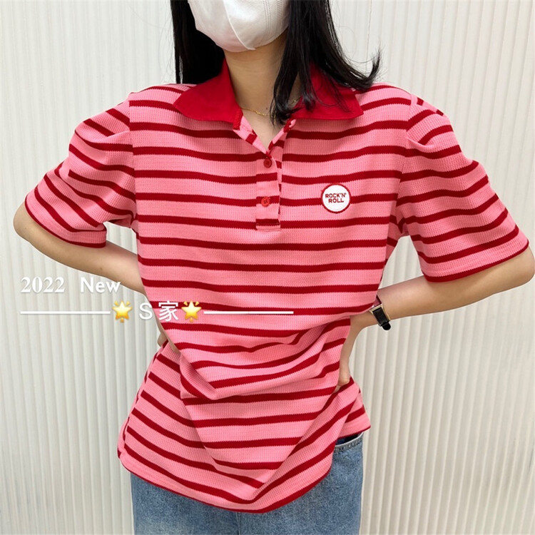 New in early summer! 【S】 Simple Stripe Polo neck short sleeve T-shirt 526# XYY