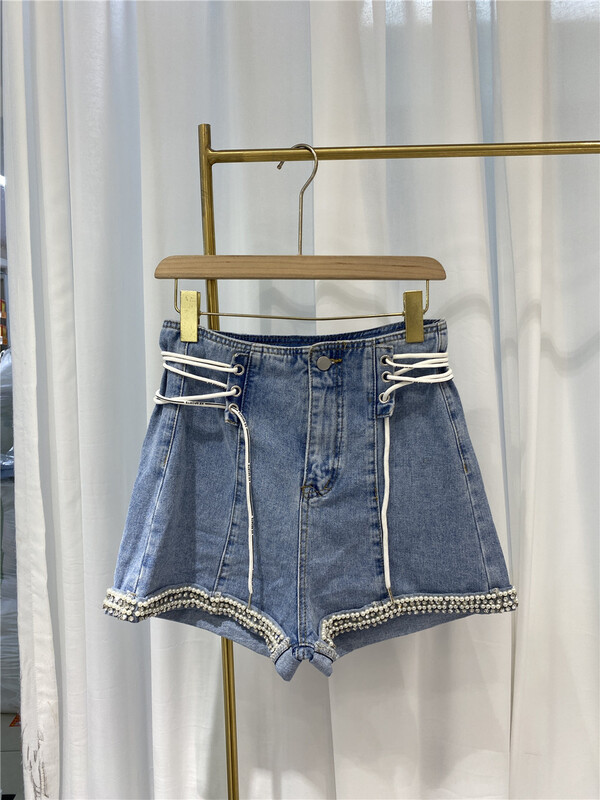 goods in stock! New in early summer! [t.ai] high waist pants leg nail bead hot drill design denim shorts (with rope) 9839# zxx
