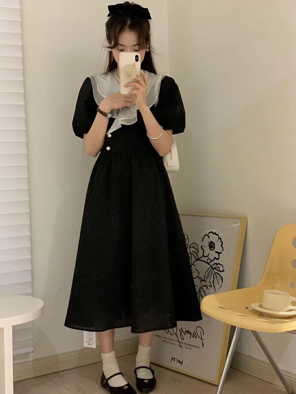 [baby] Korean pearl button contrast Ruffle Dress 8598# WTT