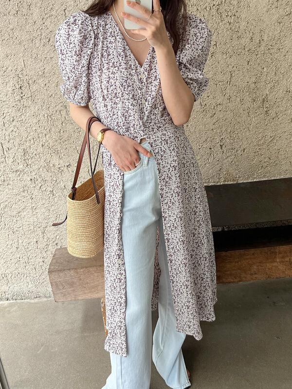 goods in stock! [C for her] Korean V-neck bubble sleeve floral dress (with waist rope) 5165# XJ