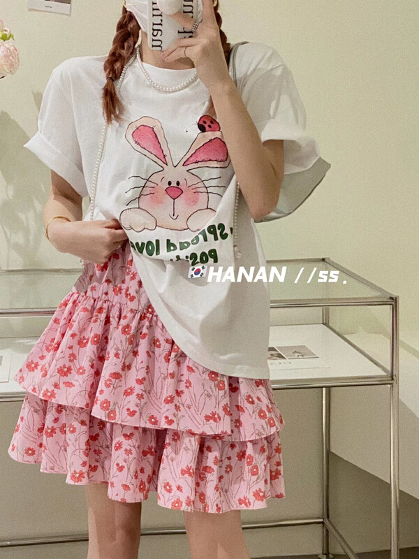 [Hanan] Korean versatile rabbit loose short sleeve T-shirt 6205# LSL