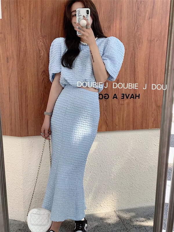 goods in stock! [double. J] crew neck short sleeve + simple net color medium length skirt set 1806# PCZ