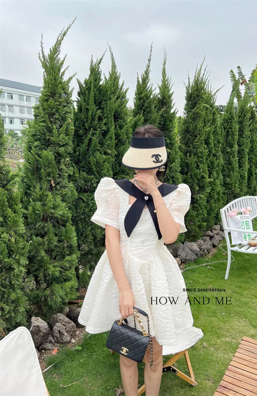 [how and me Cheng Xi] stitching design sense retro western dress (tie can not be removed) 7085# LSL