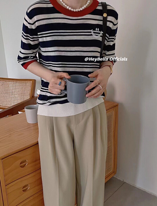 New in early summer! [hey Bella] crew neck stripe versatile T-shirt 2826# ll