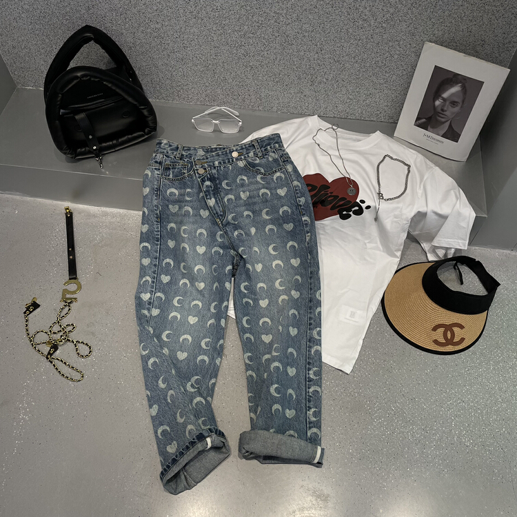goods in stock! [bobo1972] Korean love moon printed Harlan jeans 226289-a# ozq