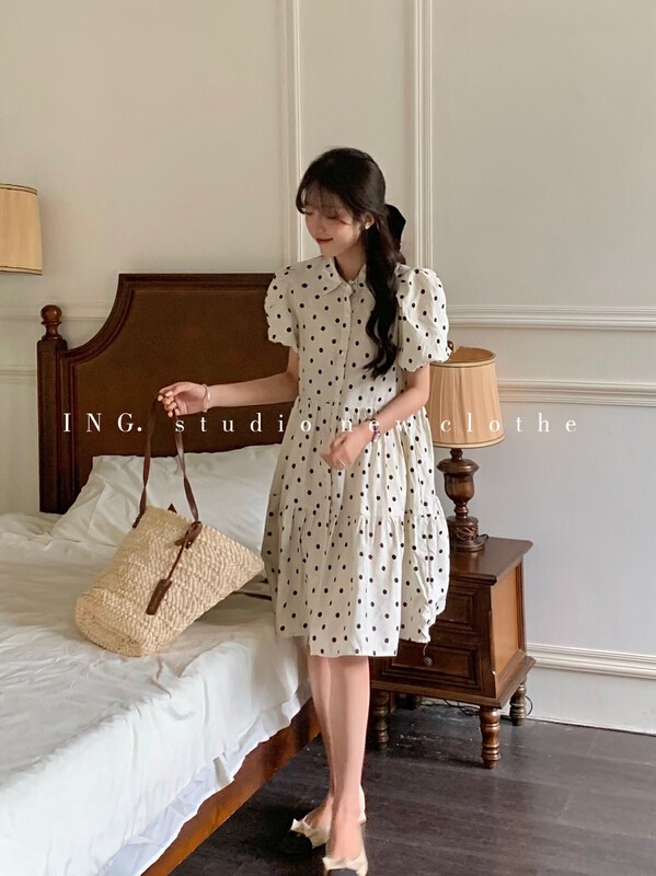 New in early summer! [ing] sweet temperament Lapel bubble sleeve polka dot dress 6926# HBx