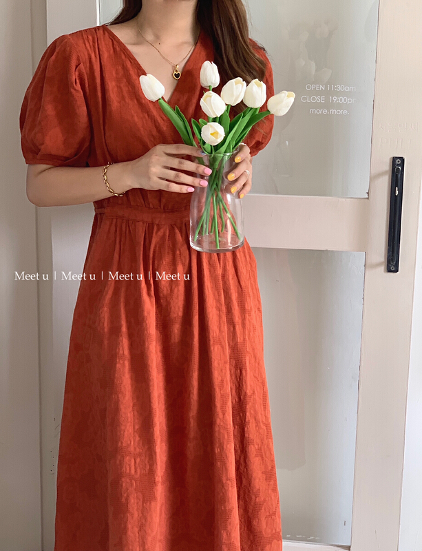 [meetu] Korean V-neck pocket slim dress 22188# HBx