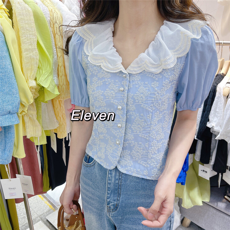 New in early summer! [eleven] little women's lotus leaf collar embroidered blouse 2391# PCZ