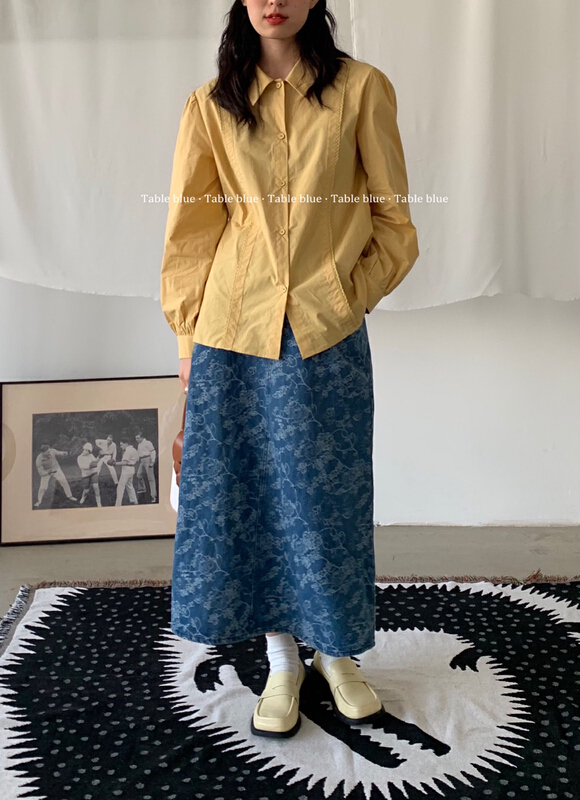 New year in early spring! [table blue] featured Vintage jacquard denim A-line skirt 2006# LSW