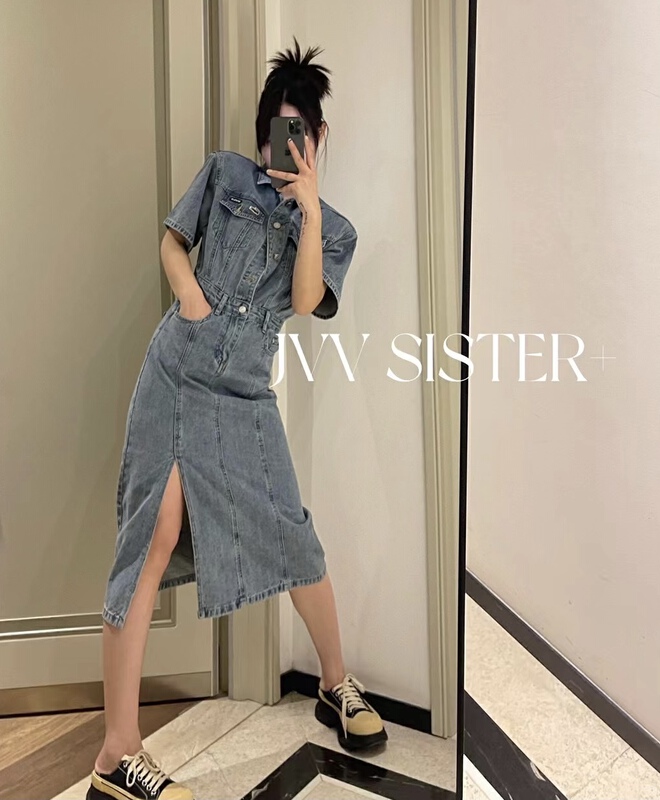 New in early summer! [jvv sister] Vintage shoulder pad denim dress 2765# zxl