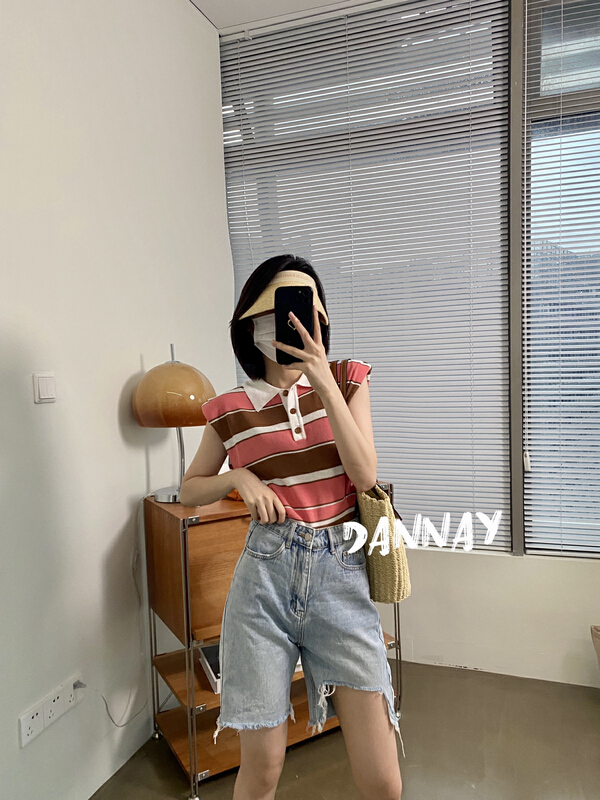 [dannay] contrast stripe shoulder pad T-shirt 6567# WPL