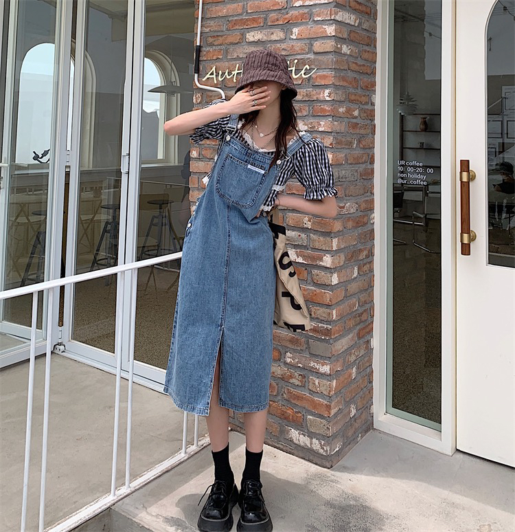 [ten. Ten] Korean retro loose age reducing denim strap skirt 3496# WPL