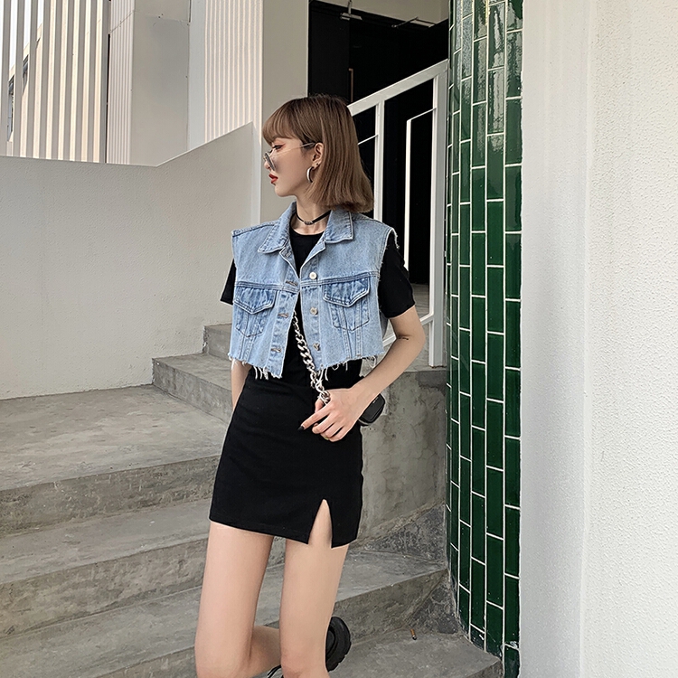 [Rebecca] Korean fashion single breasted short denim vest 2666# Cl