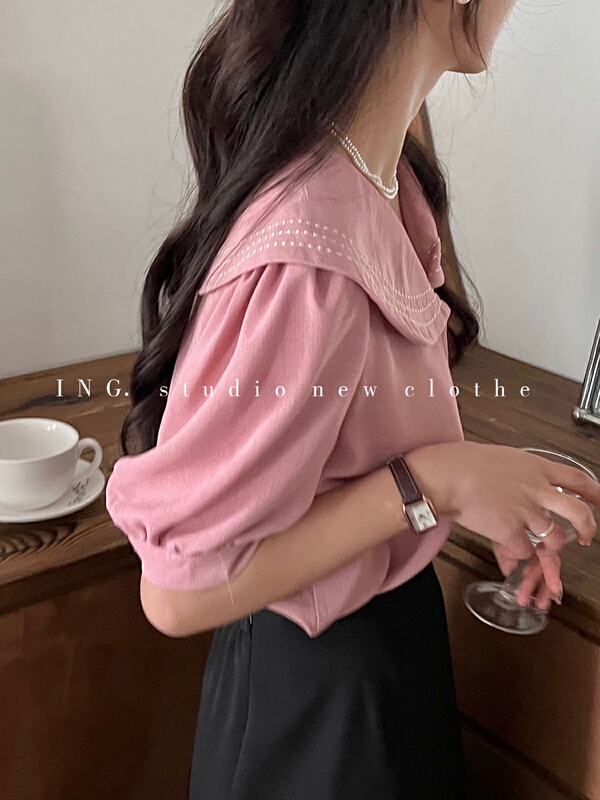[ing] Vintage Navy collar single row button down age loose blouse 9006# HBx