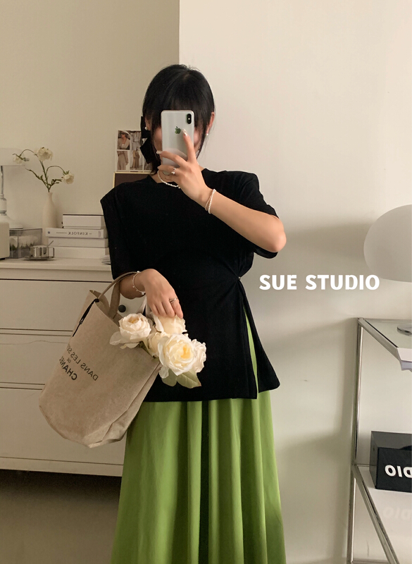 [Sue studio] two wear split waist T-shirt with short sleeves n99973# ZSY