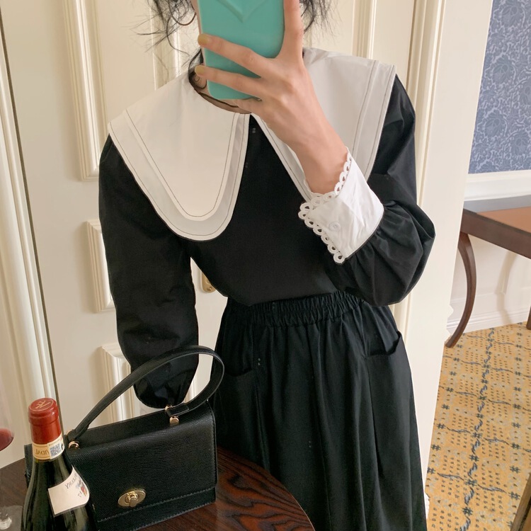 [your room] Korean color contrast large lapel comfortable small shirt 9010# cqw