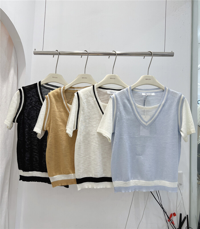 [sendu] Korean color contrast V-neck fake two-piece sweater 81389# zxx