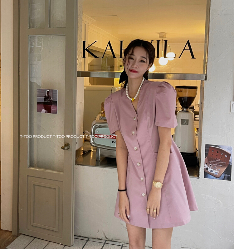 New in early summer! [t-too] bubble sleeve V-neck versatile dress 885942# LSL