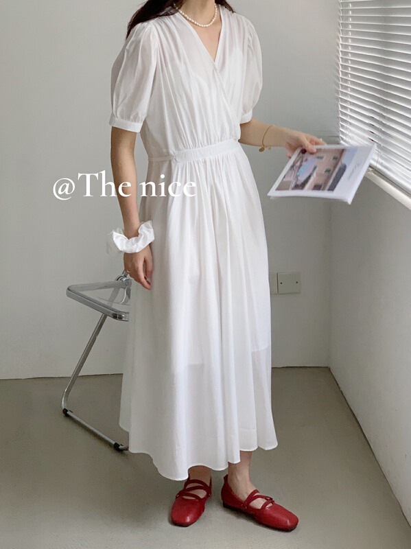 [the nice] V-neck and waist clean dress (with hair circle) a6102# hjy